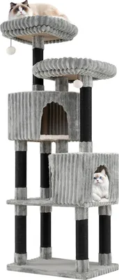A multi-level cat tree with two enclosed cubbies and multiple platforms, featuring plush gray fabric and black sisal-wrapped posts.