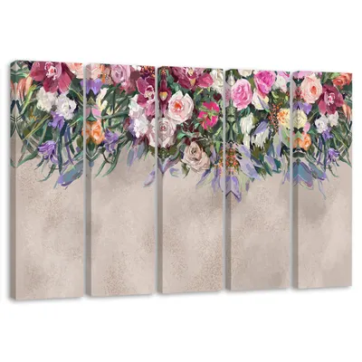 Produktbild von 5-teiliges leinwandbild überwucherte blumen 200x100 cm Feeby beige wandbild bereit zum aufhängen