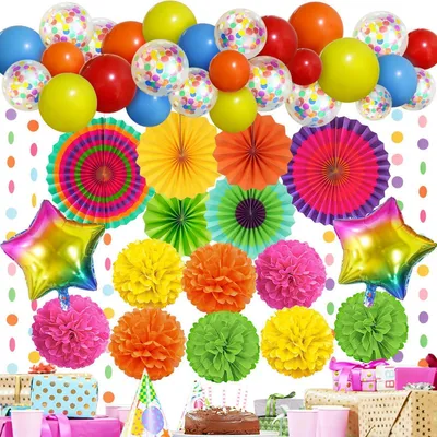 Image de Kit de décoration pour fête : éventails en papier multicolores, pompons, ballons, guirlande pour anniversaire et fêtes