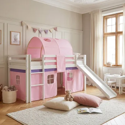 Produktbild von Homestyle4u Kinderbett 90x200 Weiß Hochbett mit Rutsche Vorhang Tunnel Rosa Holz Kiefer
