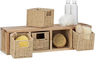 Produktbild von Wandregal aus Walnussholz – Abnehmbare Körbe – Wandmontage – 61,5 cm breit – 4 Körbe – Natürliches Design