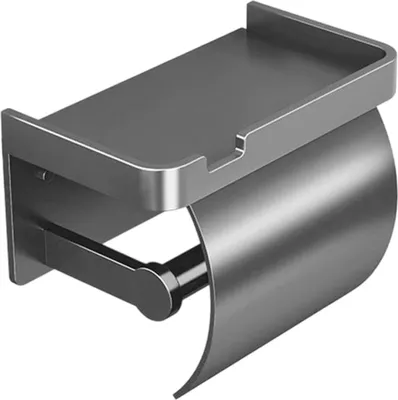 Produktbild von Toilettenpapierhalter Wandmontage, 2-in-1 Ablagefläche, Pilzgriff, Wasserfest, Schwarz Aluminium, Rollen- & Boxpapier, Badezimmer Organizer