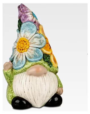 Produktbild von Gartenzwerg aus Keramik 21x13x12 cm - Gartenfigur mit Blumenhut für Terrasse, Balkon und Hauseingang