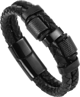 Image de Bracelet en cuir pour homme, acier noir, fermoir magnétique, 21 cm
