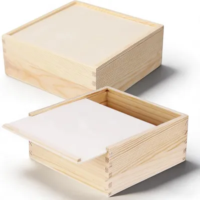 Produktbild von Holzaufbewahrungsbox mit Schiebedeckel, rechteckige Holzschatulle mit Schiebedeckel, 200 x 200 x 80 mm
