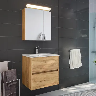 Produktbild von Badmöbel-Set 2-teilig mit 60 cm Waschtisch und Spiegelschrank mit LED-Beleuchtung in Eiche - LIVIGNO-02
