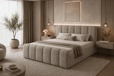 Obrázok produktu pre Boxspringová posteľ LETT 180 x 200 cm, béžová, bouclé, s úložným priestorom a matracovým chráničom – moderná čalúnená posteľ Coral 50