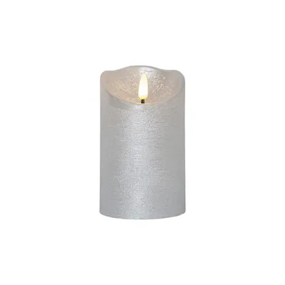 A silver LED candle with a flickering flame.