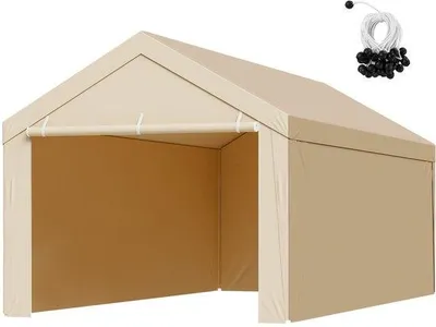 Image de Toit de rechange pour carport - Bâche de tente de garage avec parois latérales - 3,05 x 6,09 m - Résistant aux UV - Résistant à la déchirure - Sans cadre - Beige
