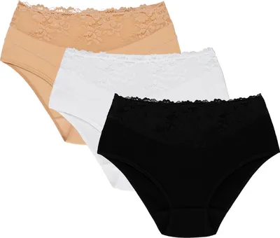 Produktbild von Wolbar Damen Slip 3-er Pack Unterhose Unterwäsche Baumwolle Spitze WB415, beige-weiß-schwarz, XXL