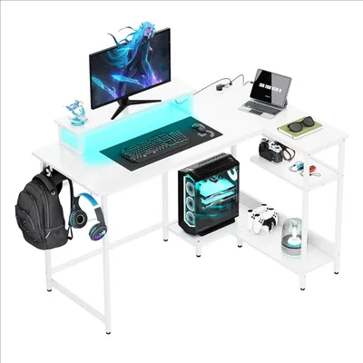 Produktbild von L-förmiger Eckschreibtisch, 122x80 cm, Gaming-Tisch mit RGB-Beleuchtung, platzsparender Computertisch mit Monitorhalter, Haken und Ablagefach