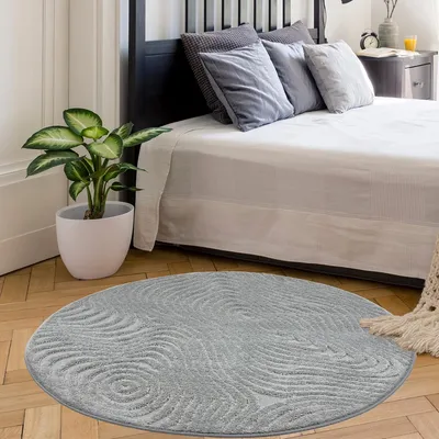 Produktbild von Teppich Rund - 120 cm - Grau - Geometrisches Muster - Allergikerfreundlich - Leicht zu Reinigen - Boho Design