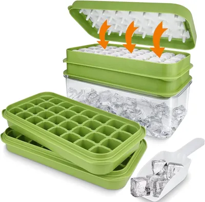 Immagine prodotto di Stampini in silicone per cubetti di ghiaccio con coperchio e contenitore - 64 contenitori per cubetti di ghiaccio, privi di BPA - Facili da rimuovere - A doppio strato