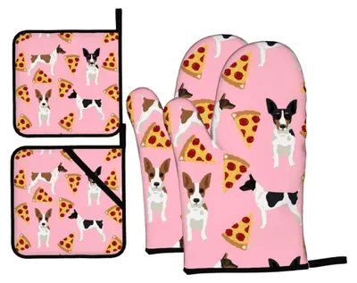 Produktbild von Ofenhandschuhe und Topflappen, Rat Terrier, Set mit 4 rutschfesten Grillhandschuhen, Küchenhandschuhe, hitzebeständig, für Küche, Kochen, Backen, Grillen
