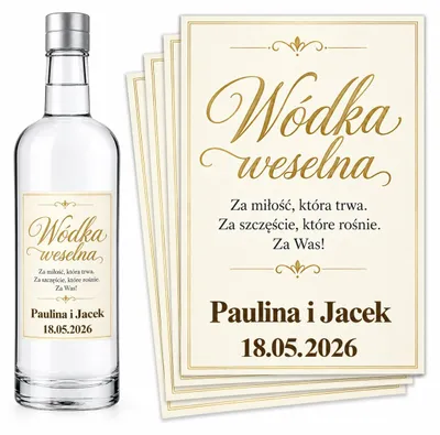 Obrázok produktu pre Etikety na fľaše – na svadbu – „Wódka Weselna” – zlatá – #121 – 8 ks