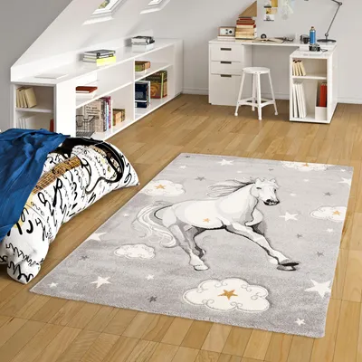 Produktbild von Kinder Teppich Maui Kids Pferd Grau Sterne, Größe:200x290 cm