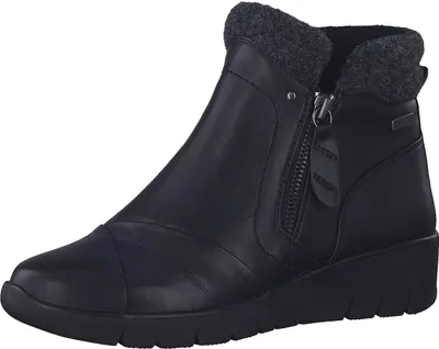 A black women's ankle boot with a wedge heel and a grey fabric cuff.