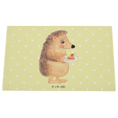 Produktbild von Mr. & Mrs. Panda Glasschneidebrett Igel Kuchenstück - Gelb Pastell - Geschenk, Schneidplatte Glas, Schneidbrett, Hackbrett, Schneidebrett, Lustige Sprüche, Essen Spruch