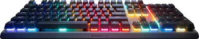 A close-up, front-facing view of a gaming keyboard with RGB lighting.