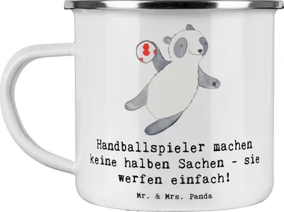 Produktbild von Mr. & Mrs. Panda Teetasse Handball Wurf - Weiß - Geschenk, Teamgeist, Sportler, Leidenschaft, Sport, Haferl, Pott, Emaille Tasse, Teebecher, Humor, Becher, Geschenke