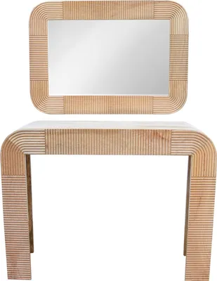 Produktbild von Marrakesch 2er Set Cailin | Konsolentisch handgeschnitzt 106cm & asymmetrischer Wandspiegel 106cm | Skandinavische Möbel & Wanddeko aus Holz für Wohnzimmer, Schlafzimmer, Flur & Bad