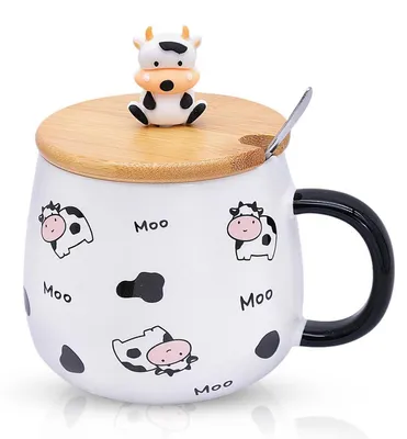 Obrázek produktu pro Kávová hrnčík "Kráva", 480 ml, s víkem a lžičkou, keramika, 3D design zvířátka, dárek