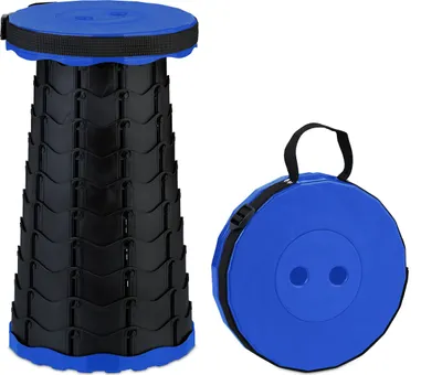 Immagine prodotto di Sgabello telescopico Relaxdays, pieghevole, con tracolla, per esterni, sgabello da campeggio regolabile in altezza, dimensioni 44,5x25x25 cm, blu/nero