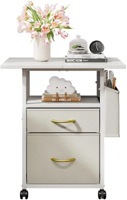 Image de Uniqoos® Table de chevet sur roulettes – 3 niveaux, 2 tiroirs, étagère ouverte et compartiment latéral, 60 cm de capacité de rangement, roulettes verrouillables – Table d'appoint pour chambre à coucher et bureau