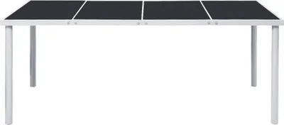 A product shot of a rectangular outdoor table with a black top and white legs, set against a white background.