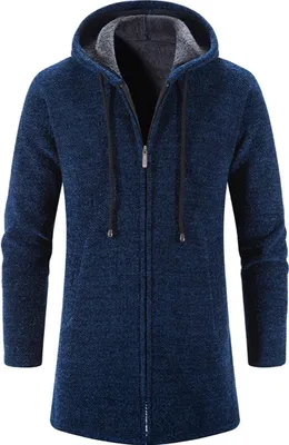 Produktbild von ASKSA Herren Strickjacke mit Kapuze Lang Gestrickt Cardigan Pullover Hoodie Kapuzenjacke Winter Fleecejacke, Dunkelblau, L