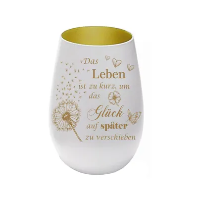 Produktbild von Stölzle Lausitz Windlicht aus Glas weiß gold mit Lasergravur „Das Leben ist zu kurz...“, persönliches Geschenk für Freunde, Familie und Partner