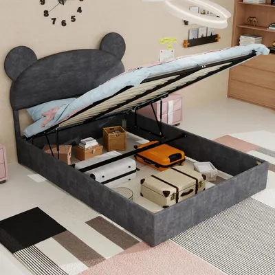 Produktbild von okwish Kinderbett 140x200 Jugendbett Bettgestell mit Stauraum mit Gasliftmechanismus,Einzelbett Stauraumbett mit Bettkasten und Kopfteil in Cartoon-Form,Grau(ohne Matratze)