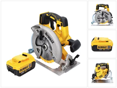 A collage of images showing a yellow and black DeWalt circular saw with a battery pack, from different angles.