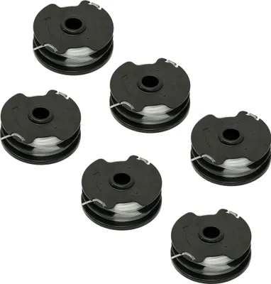 Six spools of trimmer line are arranged in a grid on a white background.
