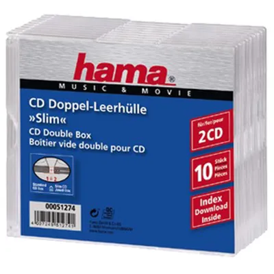 Produktbild von Hama CD Slim Double Jewel Case, pack 10, 2 Disks, Transparent, 142 mm, 125 mm, 52 mm, 372 g