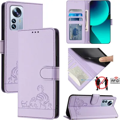 Produktbild von Leder Hülle für Xiaomi 12 Pro/Xiaomi 12S Pro Süße Katze Flip Case Brieftasche Schutzhülle mit Standfunktion Lila