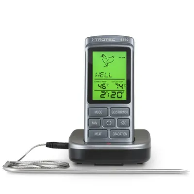 Zdjęcie produktu dla Termometr funkcyjny do grilla TROTEC BT40, termometr do piekarnika, bezprzewodowy termometr do grilla, termometr do mięsa, cyfrowy termometr do grilla, bezprzewodowy termometr do pieczenia, zakres do 250°C, możliwość ustawienia dla 8 rodzajów mięsa