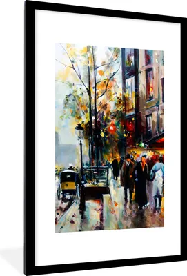 Produktbild von MuchoWow® Gerahmtes Poster Gemälde - Stadt - Öl 60x90 cm - Poster mit Schwarzem Bilderrahmen Wandposter Rahmen Foto Bilder - Dekoration - Wandposter Wohnzimmer - Hochwertig