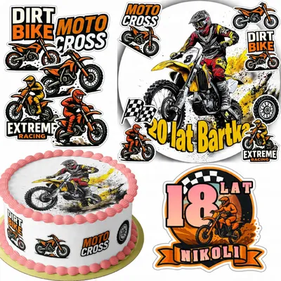 Zdjęcie produktu dla Zestaw Opłatek Na Tort 20Cm + 16 Postaci - Motocross + Imię 15Cm 18Cm