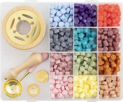 Image de Set de cire à cacheter - comprenant 12 couleurs, 2 tampons et une cuillère