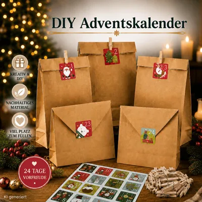 Produktbild von DIY Adventskalender zum Befüllen 24 Papiertüten Klammern Sticker Weihnachten