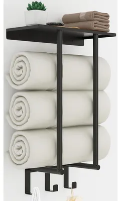 Obrázok produktu pre Polica na uteráky s odkladacou plochou a 3 háčikmi, 50 cm, čierna, kov