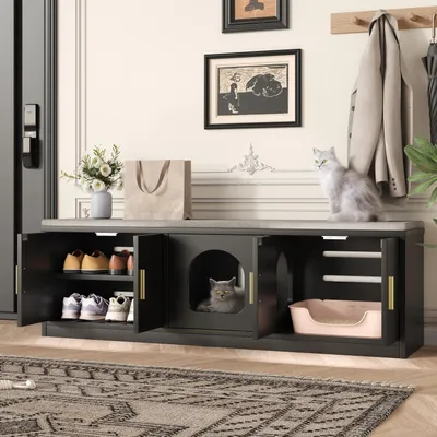 Produktbild von MODFU Versteckter Katzenschrank Katzenhöhlen mit verstellbare Ablagen,Katzenkloschrank Multifunktionales Katzenmöbel mit Belüftung,Schwarz