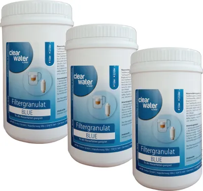 Produktbild von ClearWater BLUE Filtergranulat Nachfüllgranulat Enthärter mit Aktivkohle für Wasserfilter Filterkannen - reduziert Kalk und Schadstoffe, 3L