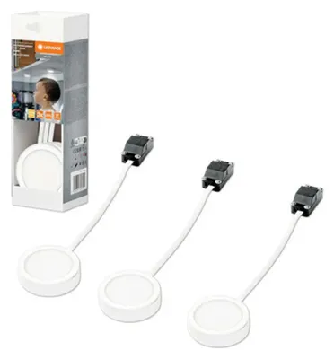 Zdjęcie produktu dla 3 x Ledvance LED – punktowe oświetlenie podszafkowe, białe, Ø 65 mm, 3 W, 750 lm, ciepła biel 3000 K