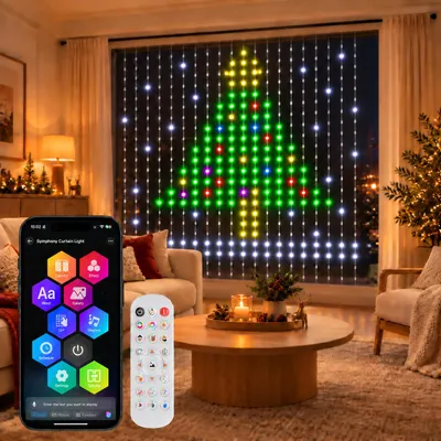 Productafbeelding van Slimme LED-lichtgordijn, 2x2 meter, 400 LED's, lichtketting, gordijn, bediening via app, afstandsbediening, muziek synchronisatie, timer, RGBIC, geschikt voor slaapkamer, raam, kerst