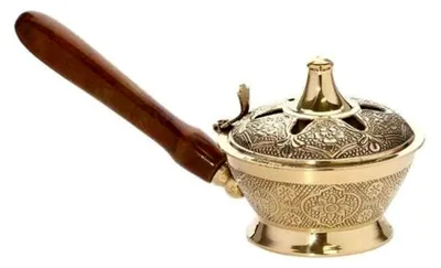 Produktbild von Räucherpfanne Holzgriff Handarbeit Messing Räuchergefäß Esoterik Gold Deko 1542