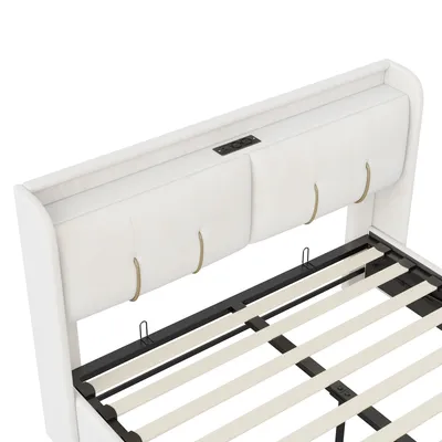 Immagine prodotto di Letto imbottito CDGlobal 160x200cm con rete a doghe (1 cassetto), letto a molle idrauliche con contenitore, letto contenitore letto matrimoniale con testata contenitore e LED, velluto, beige