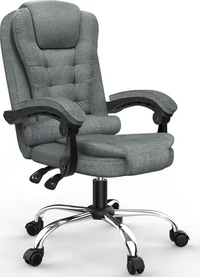 A gray office chair with a high back and adjustable features is shown against a white background.