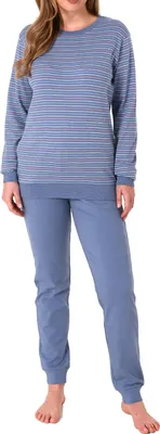 Produktbild von Kuscheliger Interlock Damen Pyjama Schlafanzug mit Bündchen in Streifenoptik - 212 201 225 ; blau , 48
